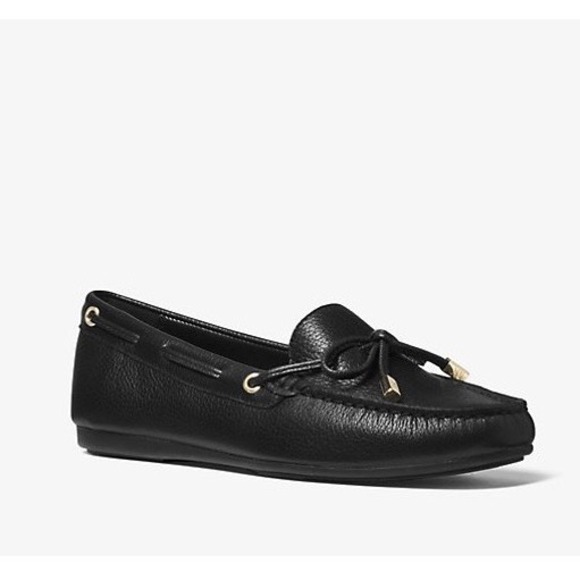 Michael‎ Kors Black Sutton Leather Moccasins Gold Accents Size 9M Driving Loafer - Picture 1 of 11